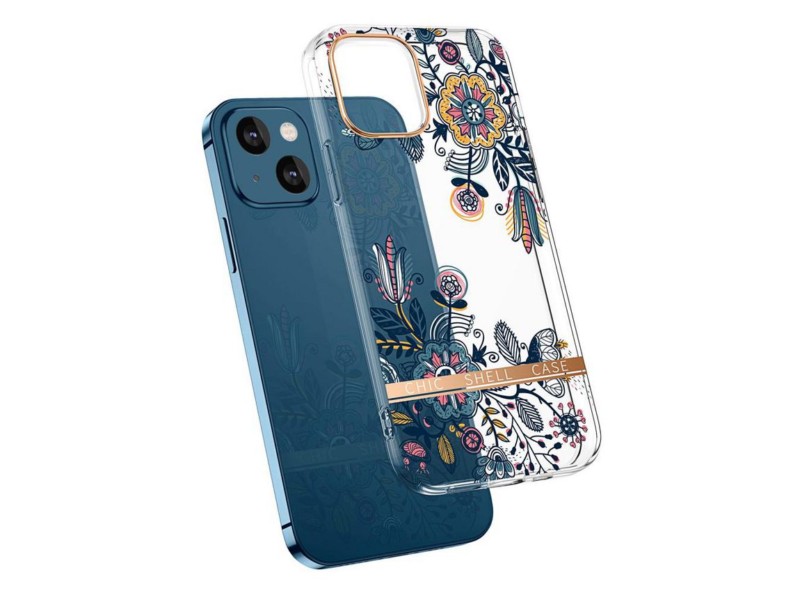 Capa TPU + acrílico sem costura padrão floral, flores de grafite galvanizado para iPhone 13 6.1