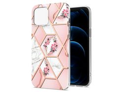 Capa TPU Padrão de mármore , à prova de choque, flexível, flores cor de rosa galvanizadas para iPhone 13