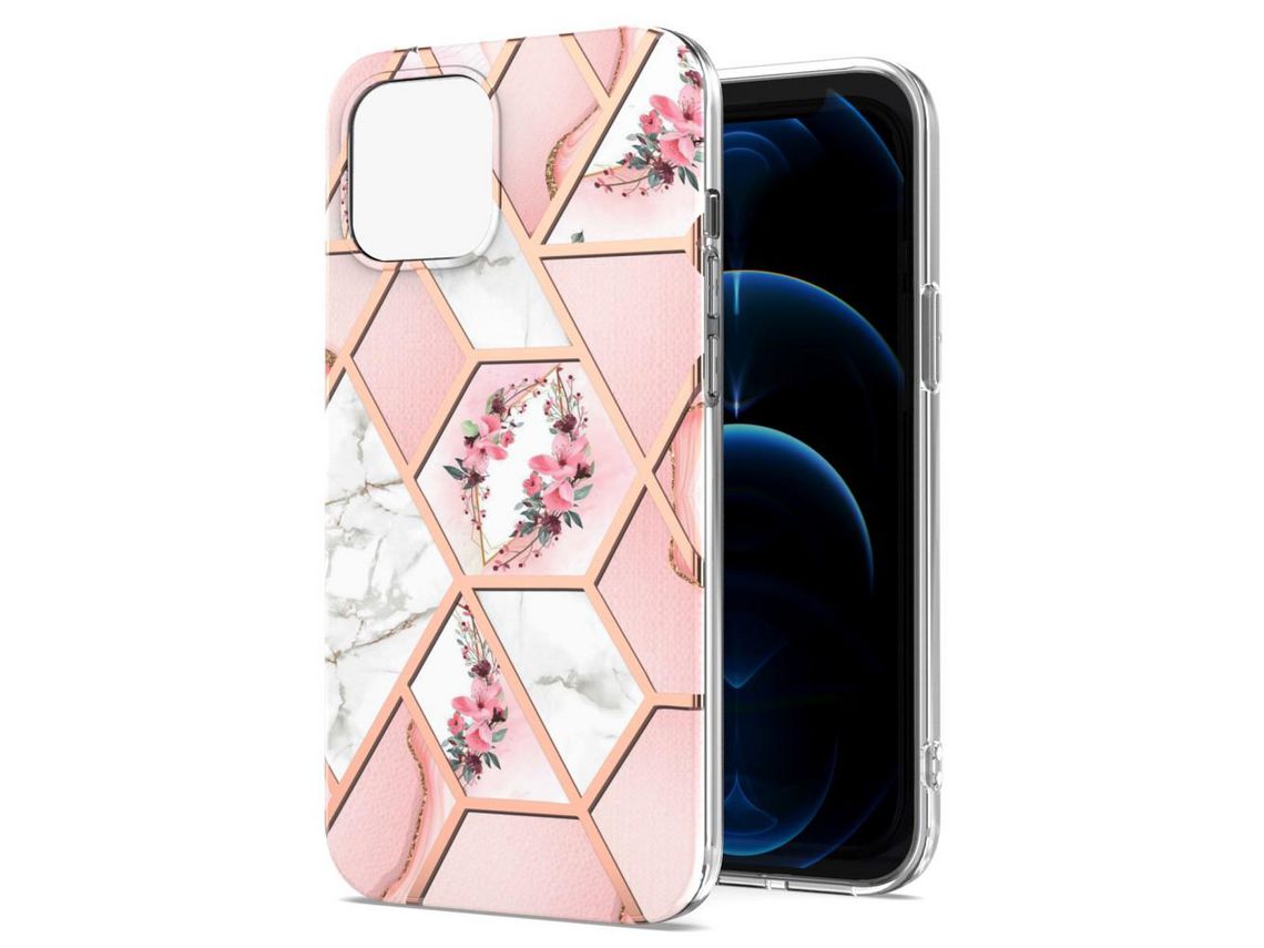 Capa TPU Padrão de mármore , à prova de choque, flexível, flores cor de rosa galvanizadas para iPhone 13