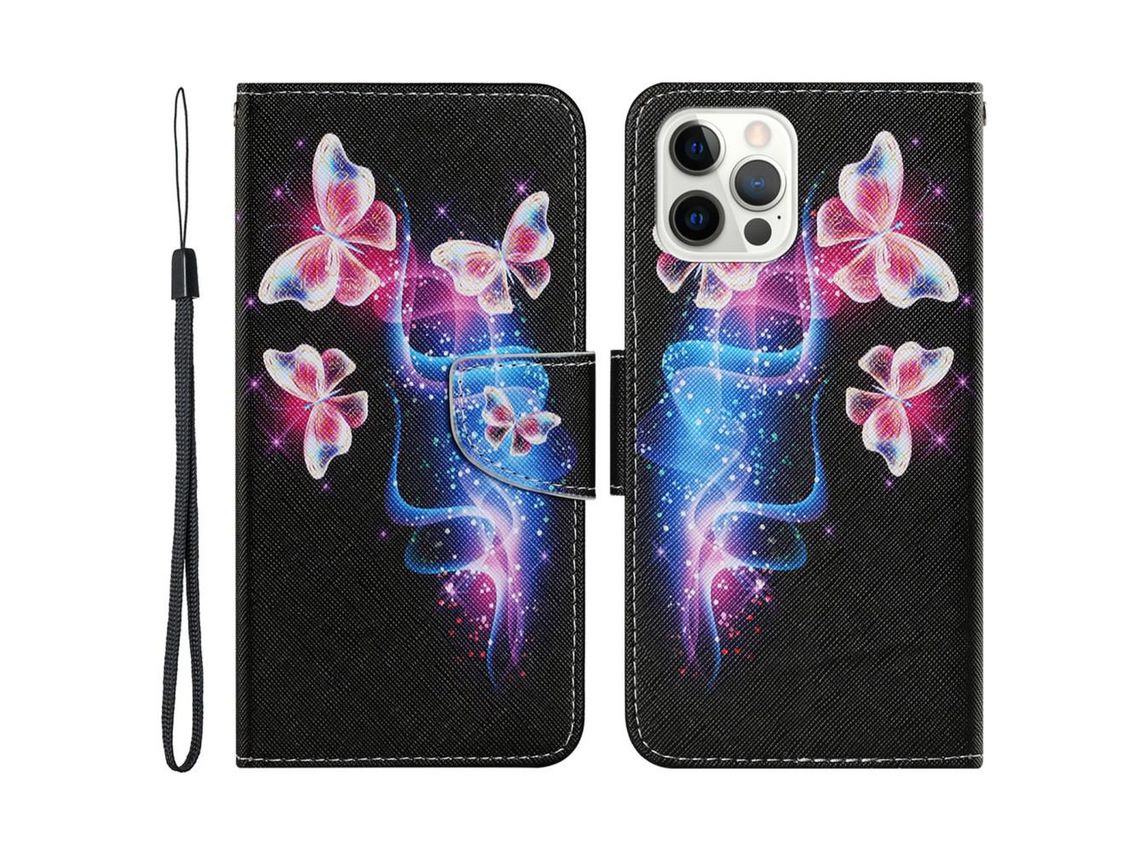 Capa PU + TPU fecho magnético com vários padrões com fundo de borboleta rosa para iPhone 13 Pro 6.1