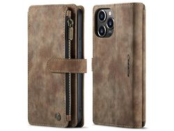 Capa PU + TPU CASEME anti-riscos, suporte com bolso com zíper, à prova de choque, marrom para iPhone 13 Pro Max 6.7