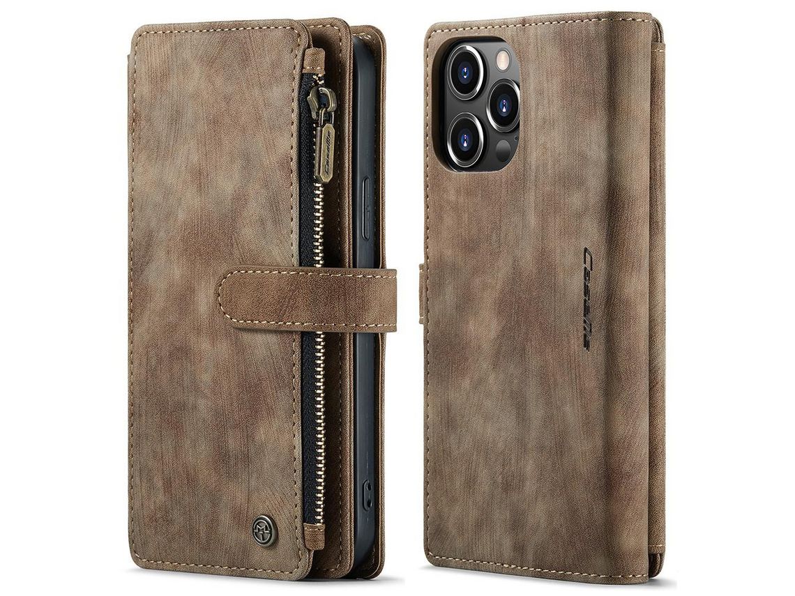 Capa PU + TPU CASEME anti-riscos, suporte com bolso com zíper, à prova de choque, marrom para iPhone 13 Pro Max 6.7