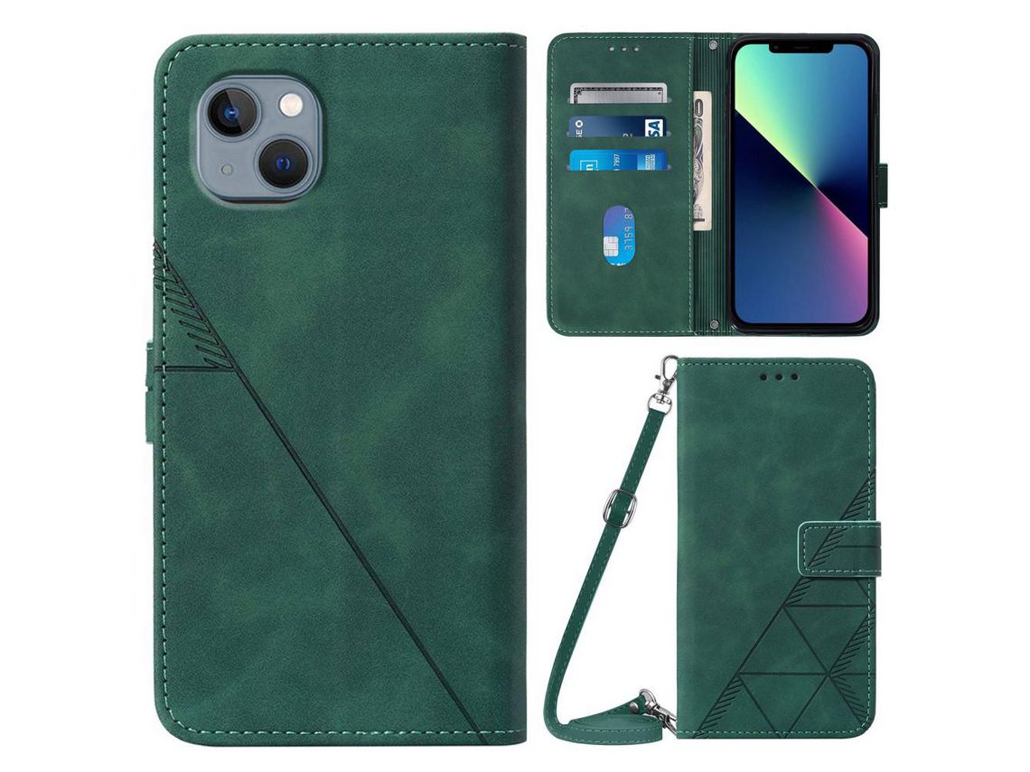 Capa PU com alça de ombro verde escuro para iPhone 13 6.1