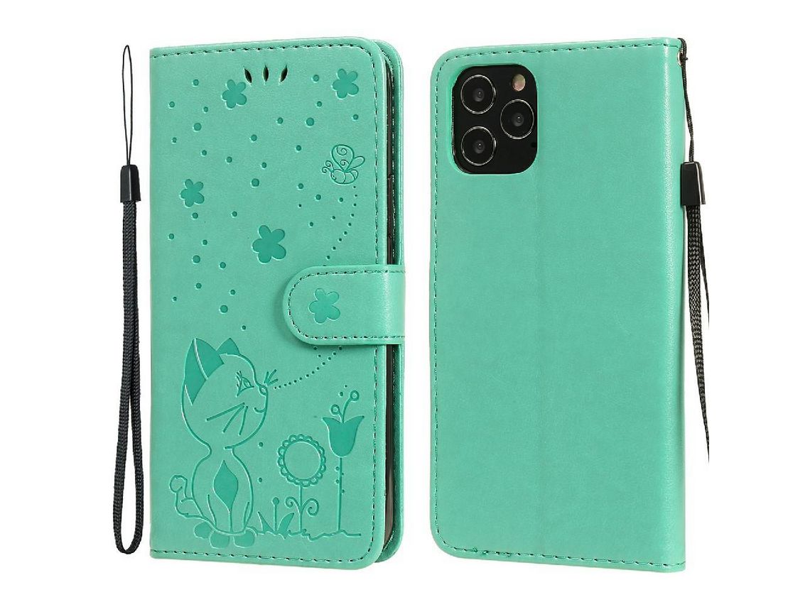 Capa PU + TPU design de gato e abelha com suporte e porta cartão verde para iPhone 12/12 Pro 6.1