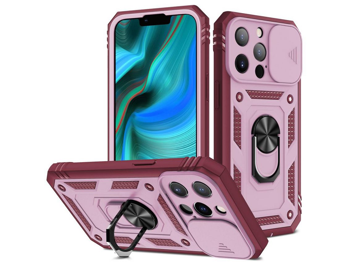 Capa TPU Anti-queda 3 em 1 com muleta rosa para iPhone 13 Pro 6.1