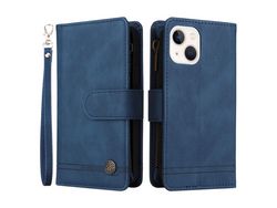 Capa PU padrão de listras com bolso com fecho de correr e ranhuras para cartões azul para iPhone 13 mini 5.4
