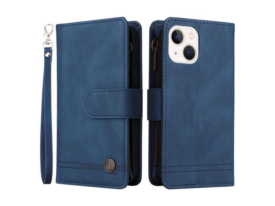 Capa PU padrão de listras com bolso com fecho de correr e ranhuras para cartões azul para iPhone 13 mini 5.4