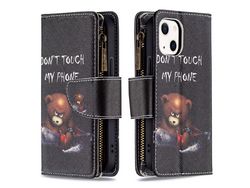 Capa PU + TPU com zíper, anti-queda com suporte de urso para iPhone 13 6.1