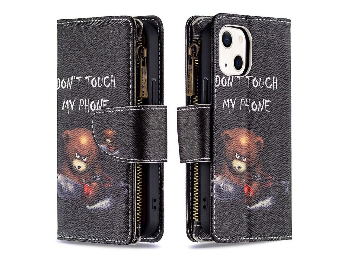 Capa PU + TPU com zíper, anti-queda com suporte de urso para iPhone 13 6.1