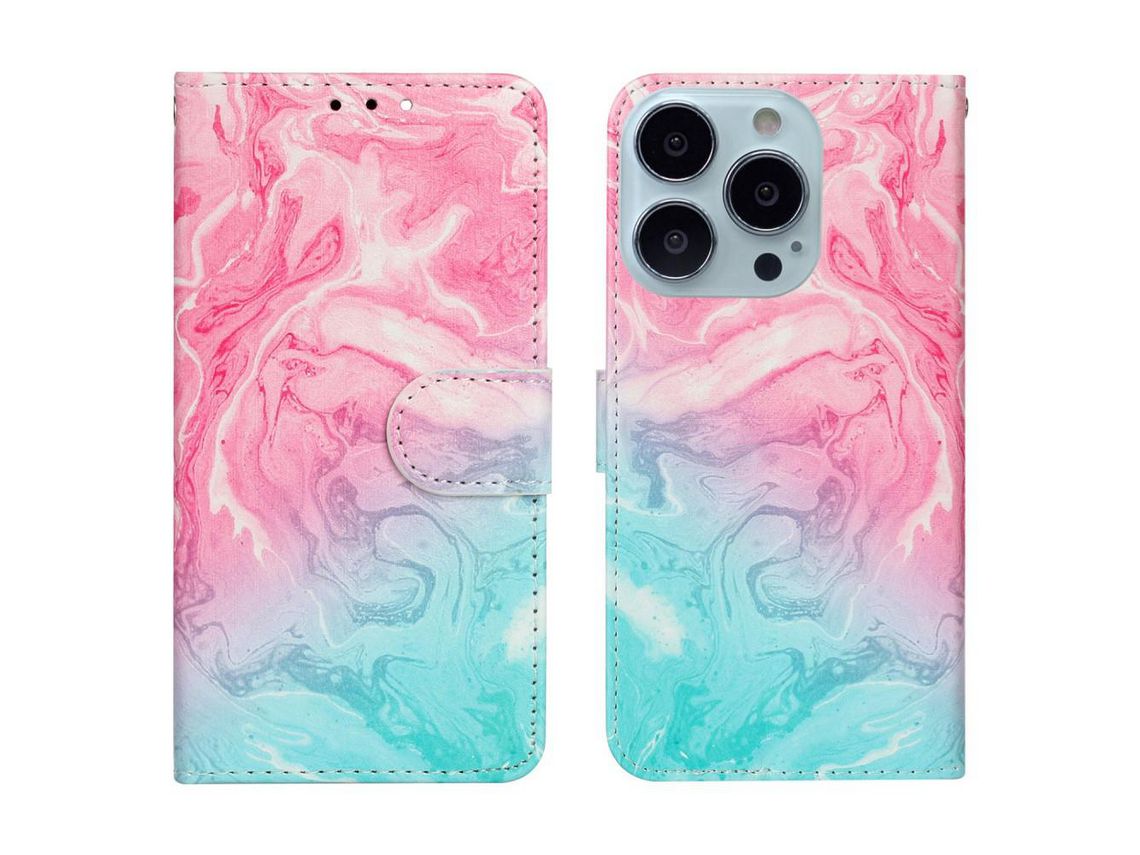 Capa PU + TPU com suporte rosa verde para iPhone 13 Pro Max 6.7