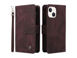 Capa PU padrão de listras com bolso com fecho de correr e ranhuras para cartões marrom para iPhone 13 mini 5.4