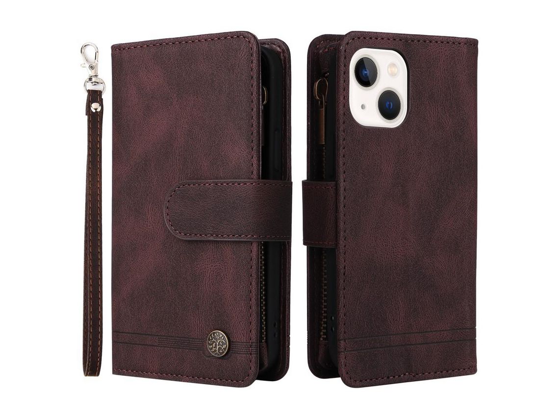 Capa PU padrão de listras com bolso com fecho de correr e ranhuras para cartões marrom para iPhone 13 mini 5.4