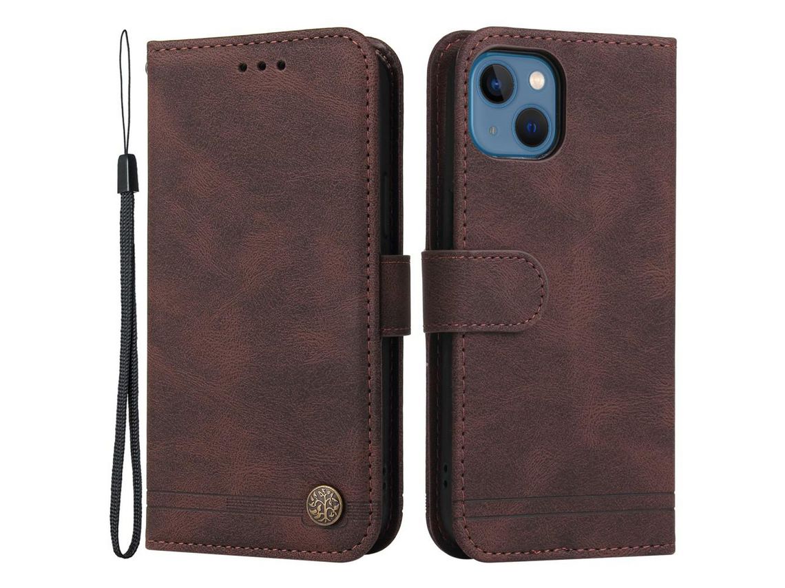 Capa PU + TPU padrão de árvore com suporte e alça marrom para iPhone 13 6.1