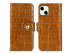 Capa de couro genuíno textura de crocodilo com fundo marrom para iPhone 13 6.1