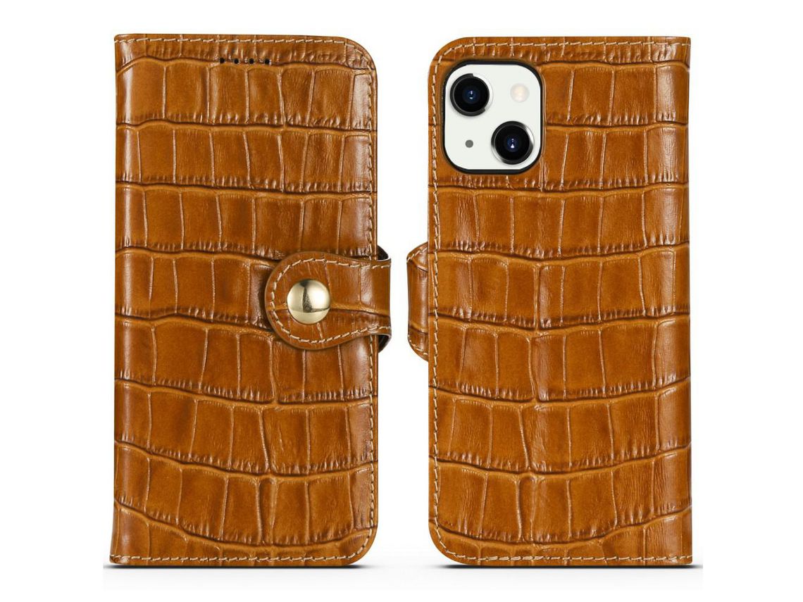 Capa de couro genuíno textura de crocodilo com fundo marrom para iPhone 13 6.1