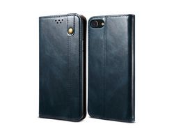 Capa PU textura de cavalo louco cerosa auto-absorvida com apoio azul para Apple iPhone 7/8/SE (2nd Gen)