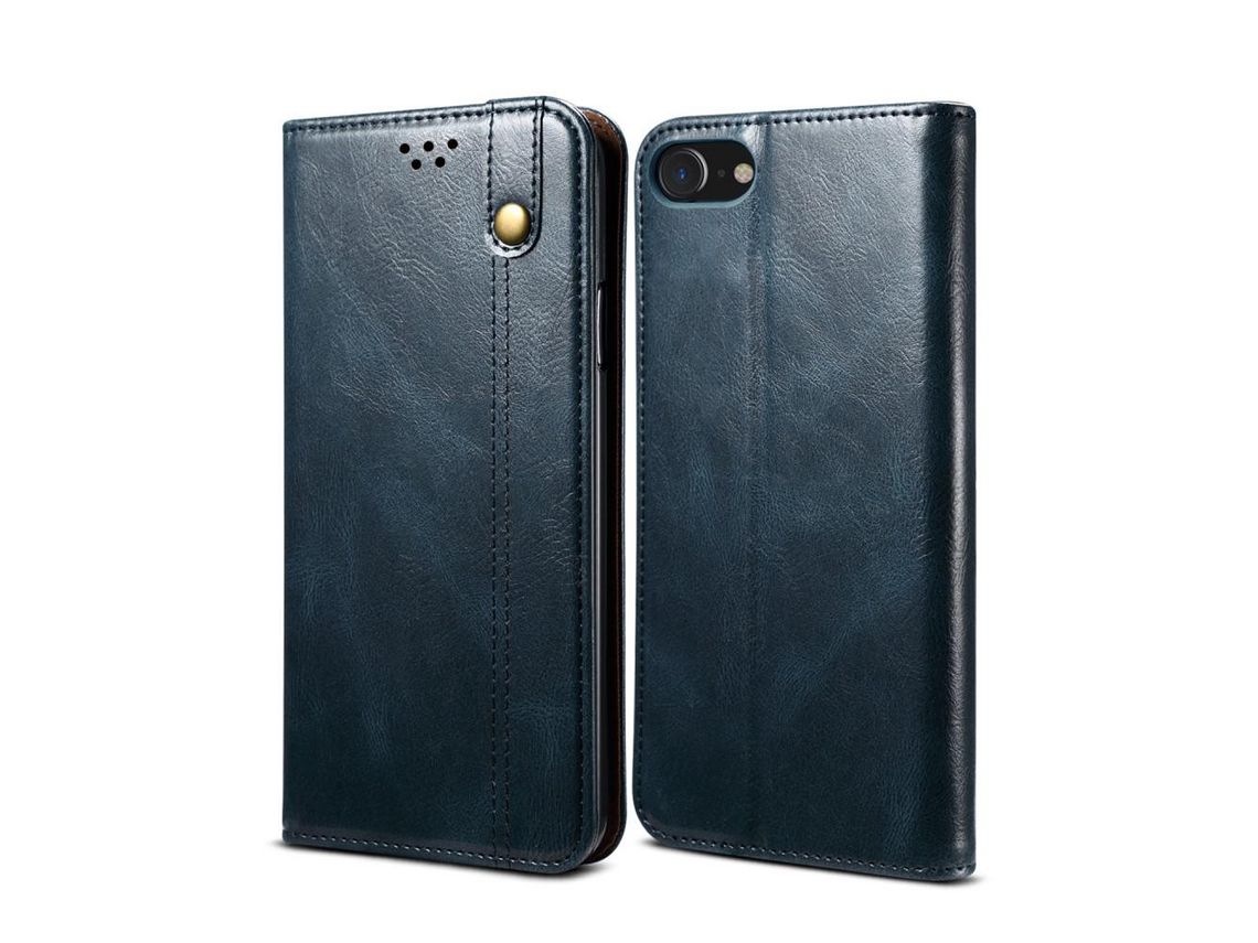 Capa PU textura de cavalo louco cerosa auto-absorvida com apoio azul para Apple iPhone 7/8/SE (2nd Gen)