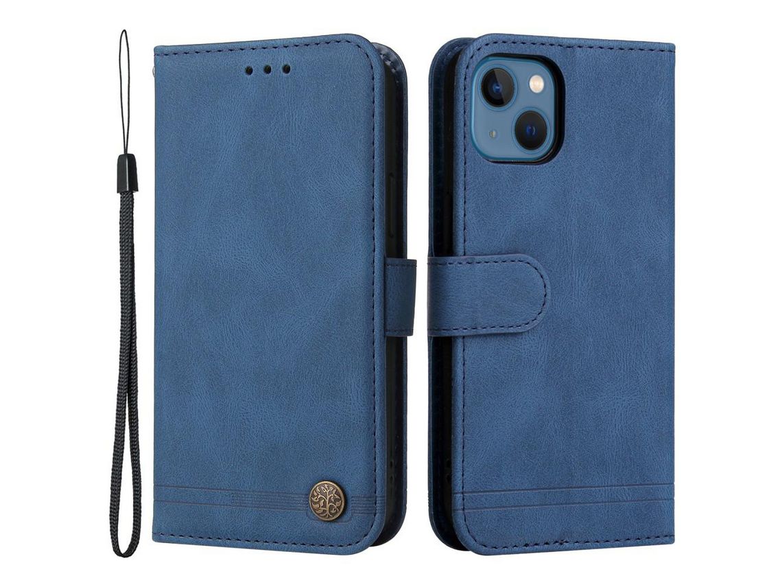 Capa PU + TPU padrão de árvore com suporte e alça azul para iPhone 13 6.1