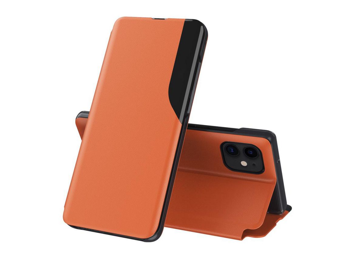 Capa PU janela de visualização com apoio laranja para Apple iPhone 11 6.1