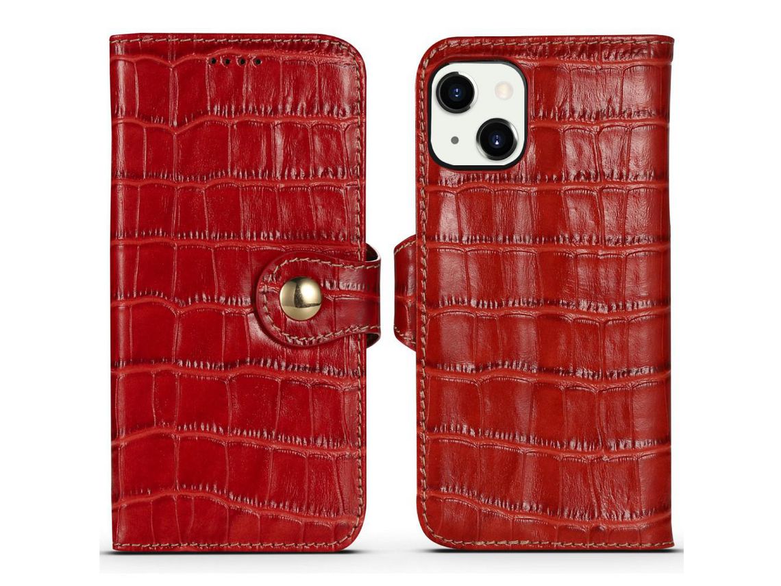 Capa de couro genuíno textura de crocodilo com fundo vermelho para iPhone 13 6.1
