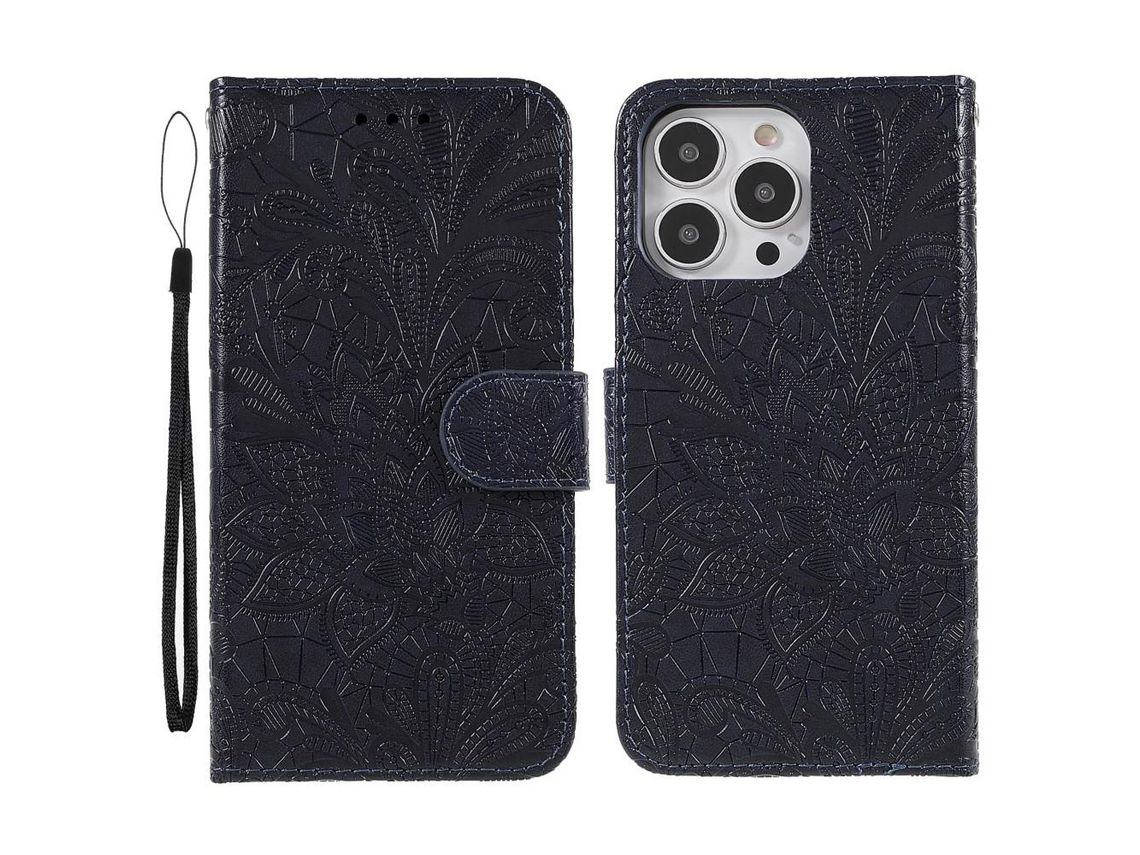 Capa PU padrão de renda e flores preto para iPhone 13 Pro 6.1