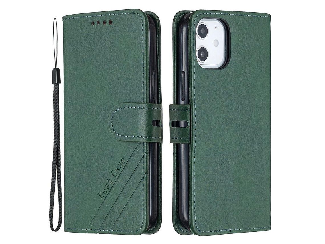 Capa PU + TPU anti-queda, cor sólida com fundo verde para iPhone 13 mini 5.4
