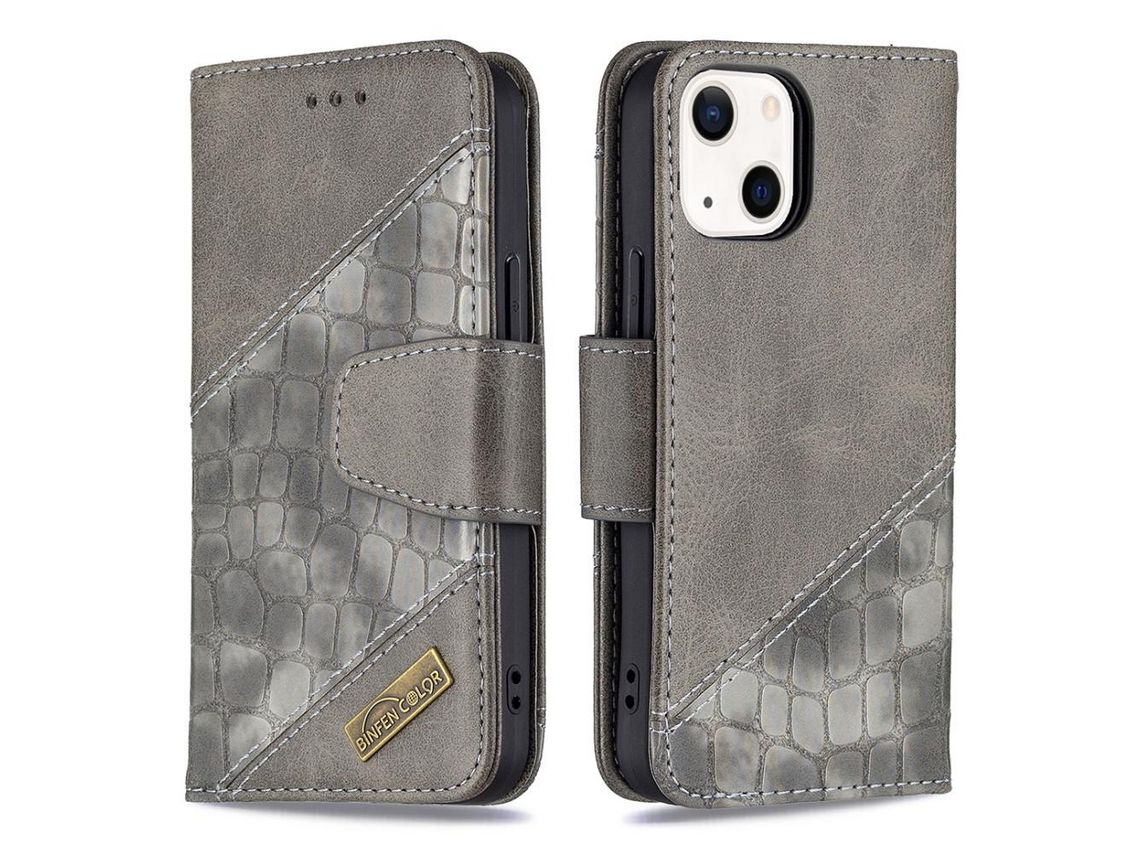 Capa PU + TPU textura de crocodilo com fundo cinza para iPhone 13 6.1