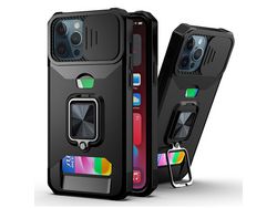 Capa TPU com suporte giratório híbrido de 360° e porta-cartões preto para iPhone 12 Pro Max 6.7