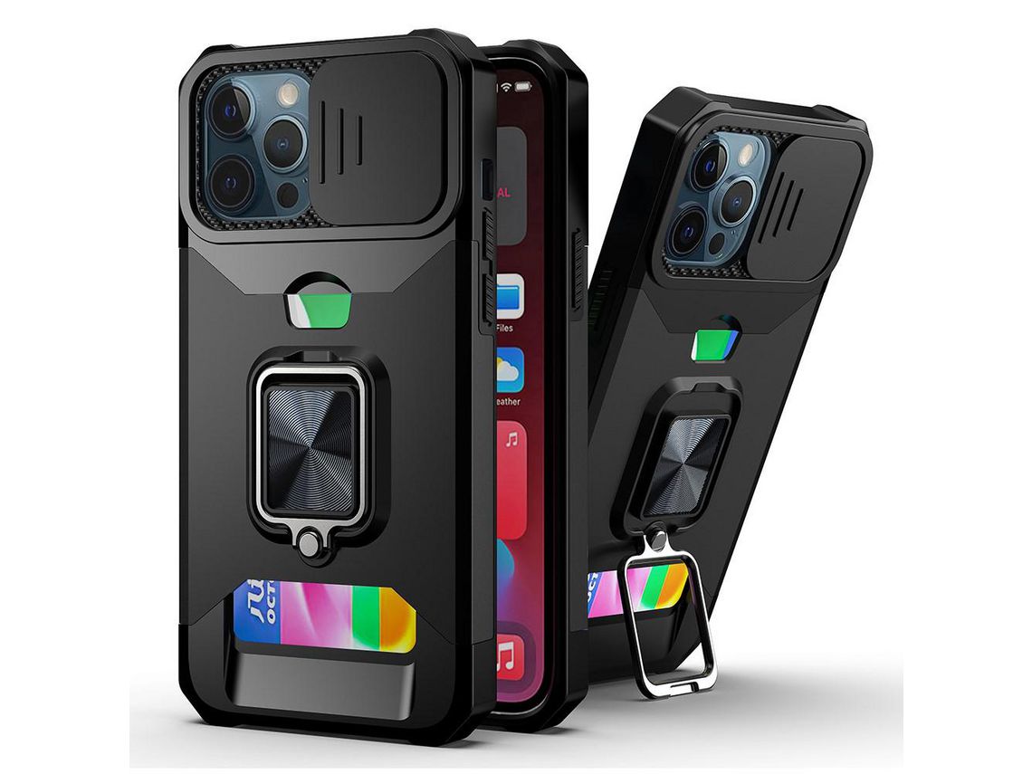 Capa TPU com suporte giratório híbrido de 360° e porta-cartões preto para iPhone 12 Pro Max 6.7