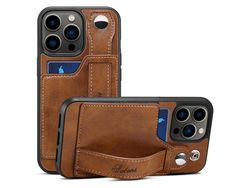 Capa TPU + PU com muleta para pulseira e porta-cartão marrom para iPhone 13 Pro Max 6.7