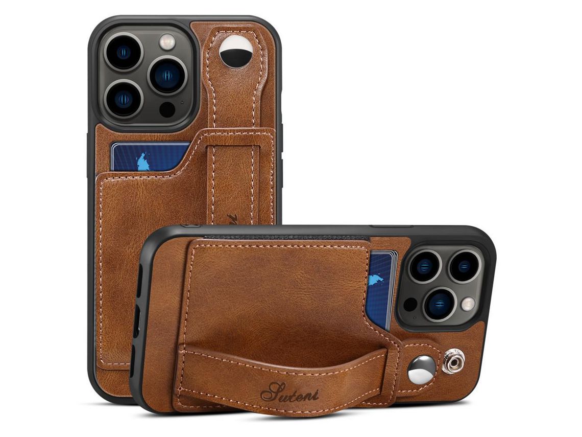 Capa TPU + PU com muleta para pulseira e porta-cartão marrom para iPhone 13 Pro Max 6.7