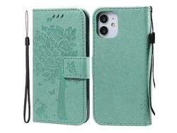 Capa PU + TPU padrão de gato e árvore verde para iPhone 12 mini 5.4