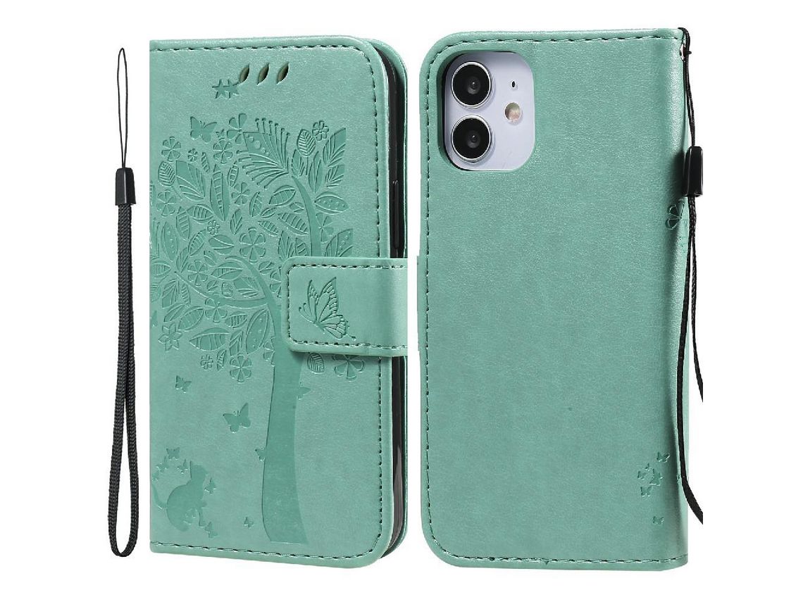 Capa PU + TPU padrão de gato e árvore verde para iPhone 12 mini 5.4
