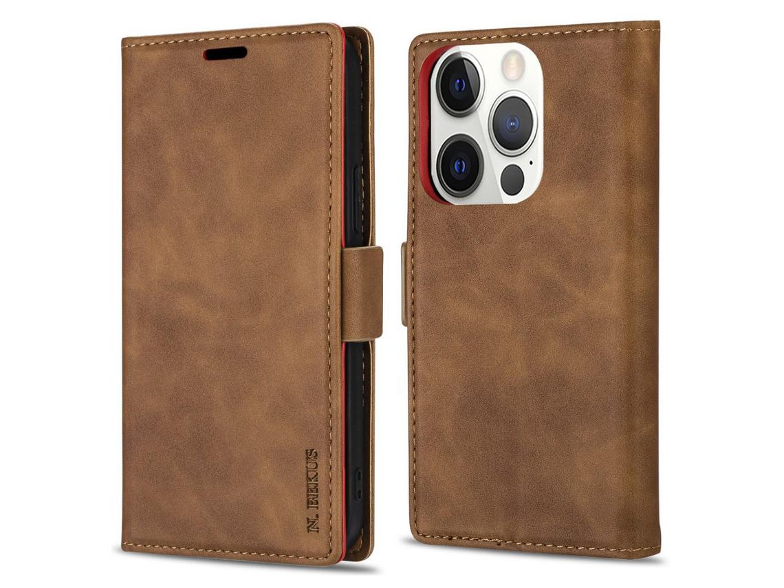 Capa PU + TPU N.BEKUS toque na pele, trava-quedas com suporte marrom para iPhone 13 Pro 6.1