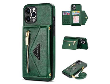 Capa PU N.BEKUS com suporte de pontapé, bolso com fecho éclair e cordão de segurança verde escuro para iPhone 12 Pro 6.1