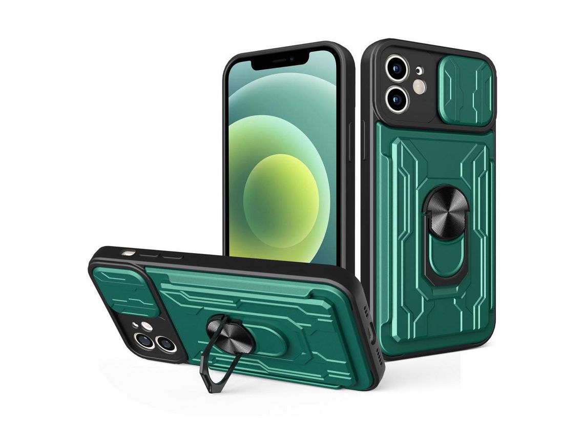 Capa TPU com suporte para anéis e leitor de cartões verde escuro para iPhone 12 6.1