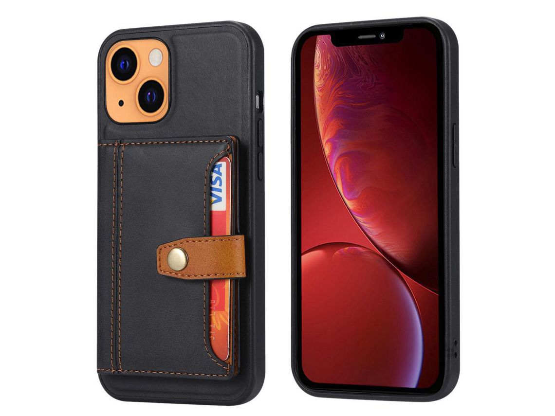 Capa TPU + PU com suporte e porta-cartões preto para iPhone 13 6.1