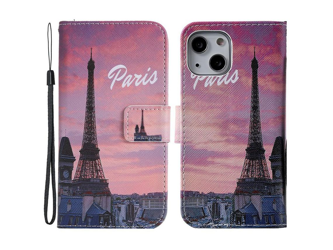 Capa PU + TPU com suporte e alça Torre Eiffel para iPhone 13 mini 5.4
