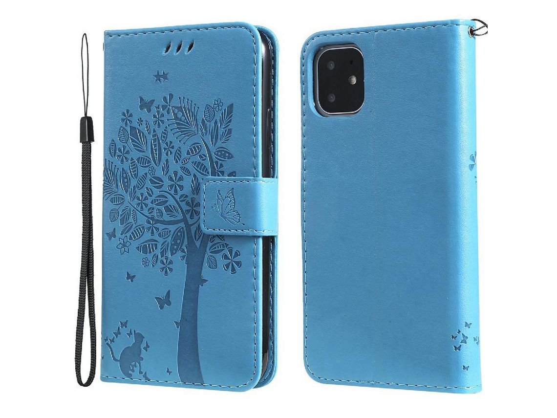 Capa PU + TPU padrão de gato e árvore com fundo azul para iPhone 11 6.1