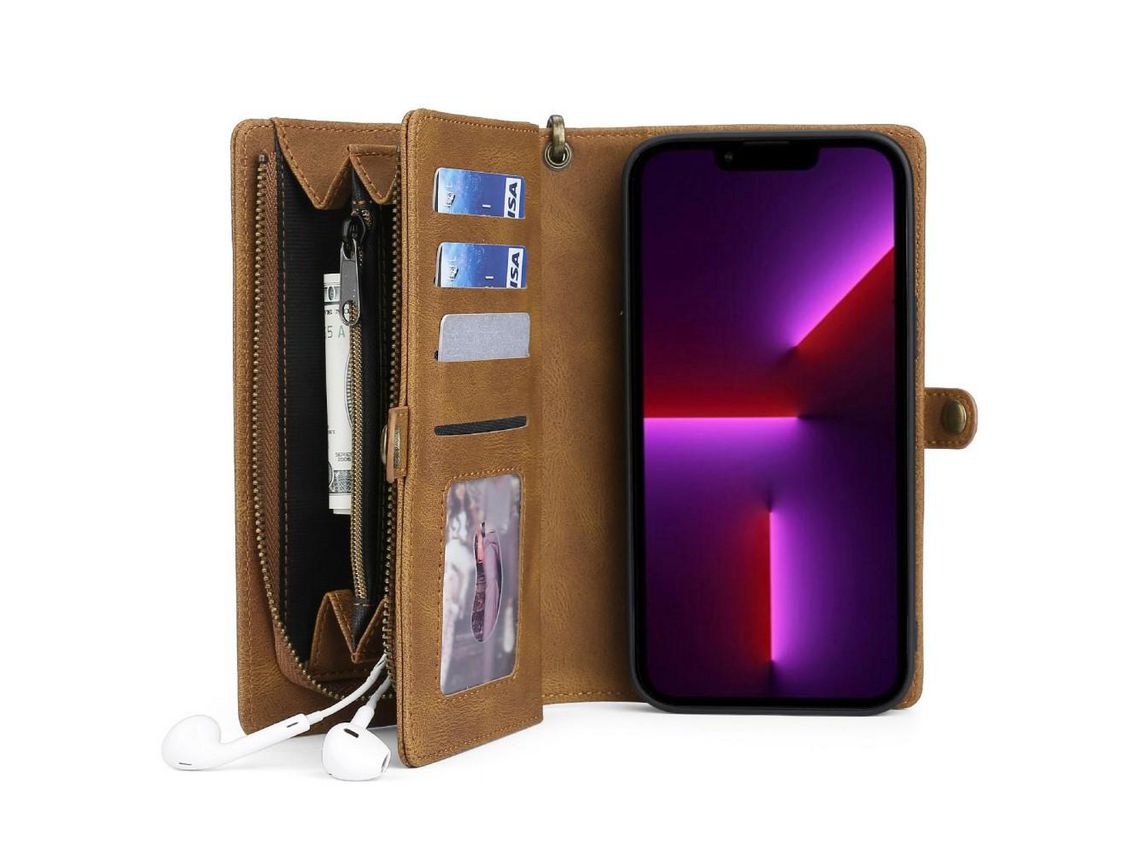 Capa PU com bolso com fecho de correr marrom para iPhone 13 Pro Max 6.7