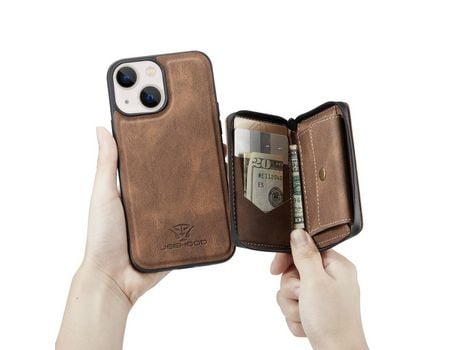 Capa TPU JEEHOOD 2 em 1 magnético destacável, híbrido com zíper marrom para iPhone 13 mini 5.4