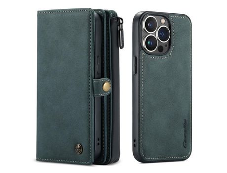 Capa PU + TPU CASEME superfície fosca destacável com suporte verde para iPhone 13 Pro 6.1