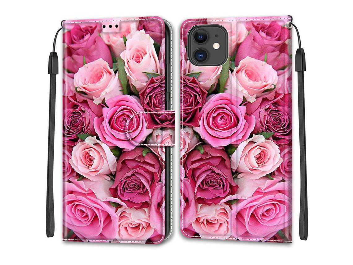 Capa PU + TPU com suporte e alça rosa rosa para iPhone 11 6.1