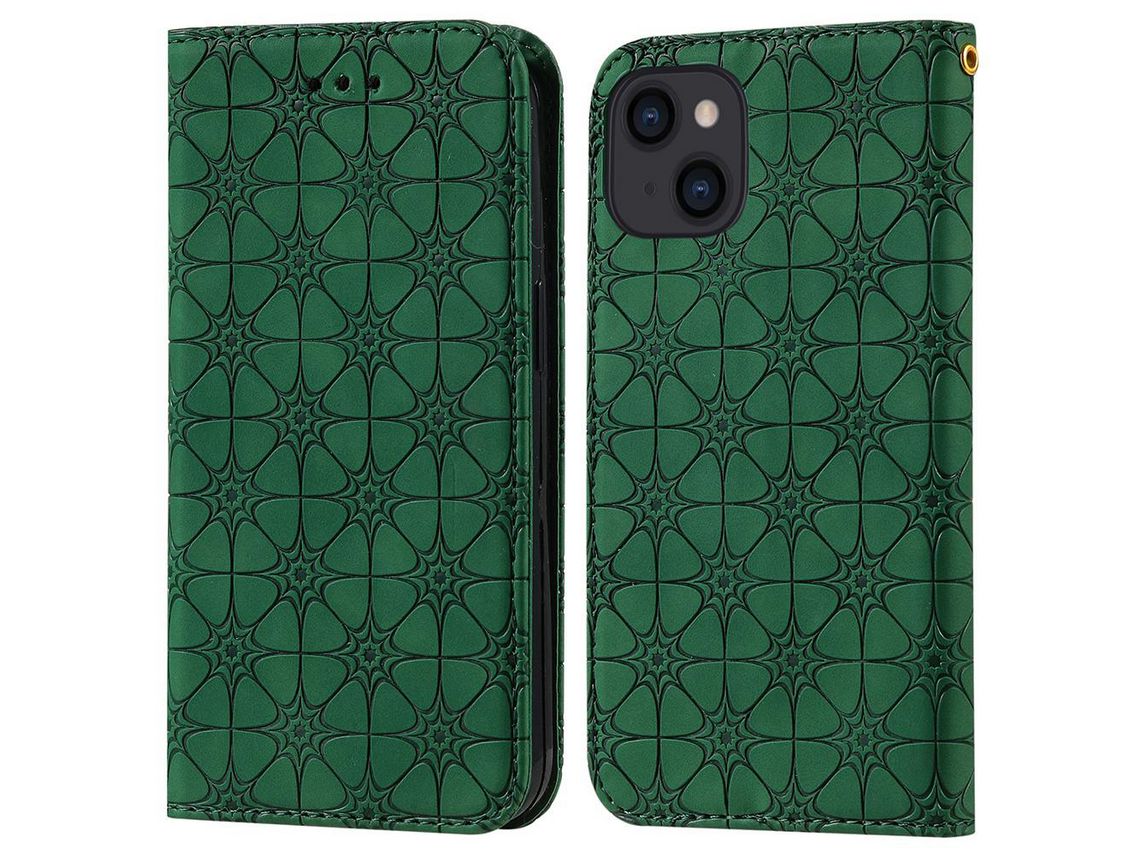 Capa PU + TPU flor da sorte impressa com fundo verde para iPhone 13 6.1