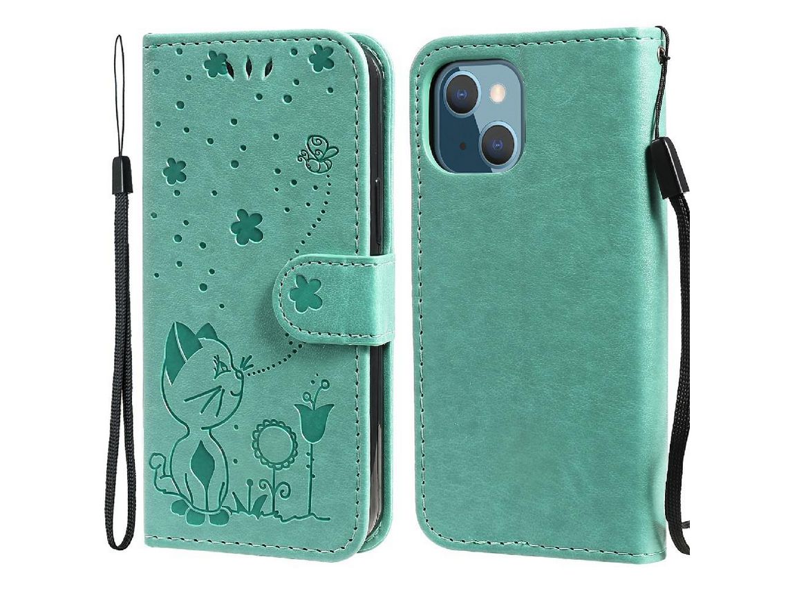 Capa PU + TPU padrão de gato e abelha com alça verde para iPhone 13 mini 5.4