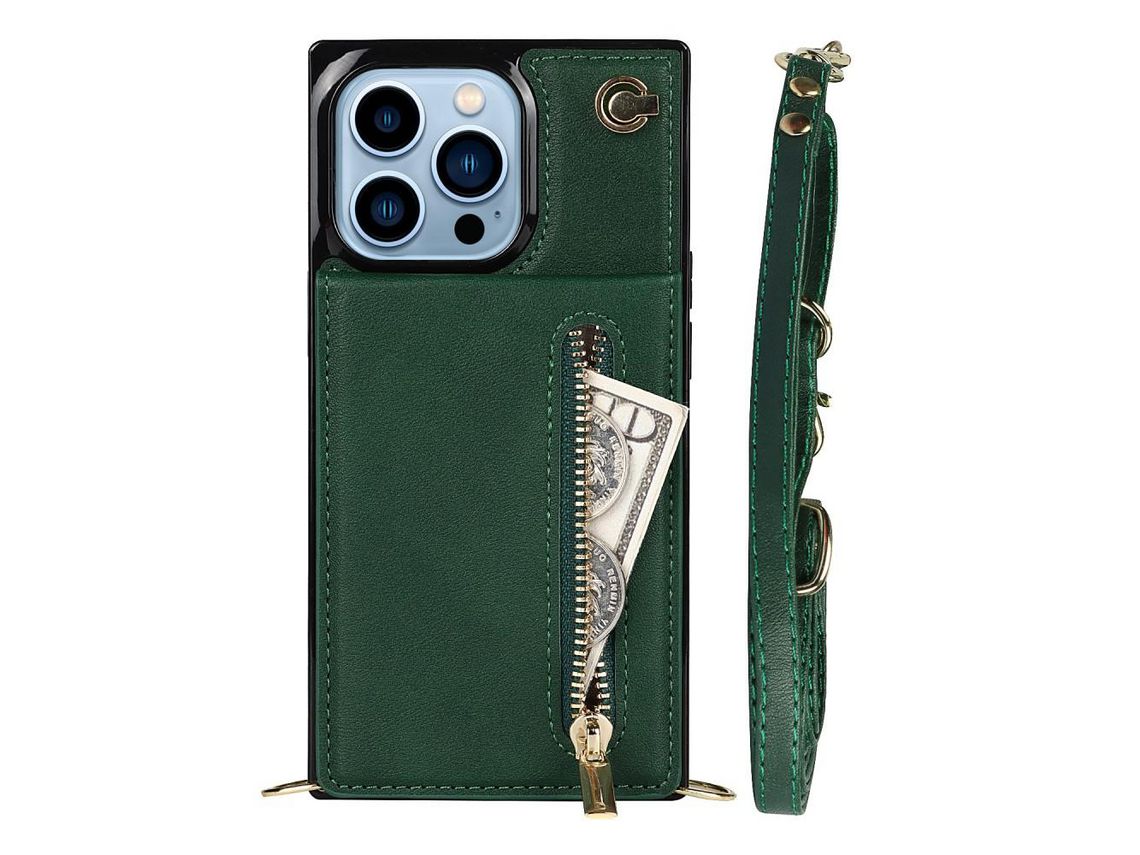 Capa TPU + PU com suporte e alça de ombro verde para iPhone 13 Pro 6.1