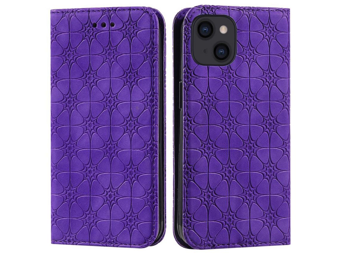Capa PU + TPU flor da sorte impressa com fundo roxo para iPhone 13 6.1