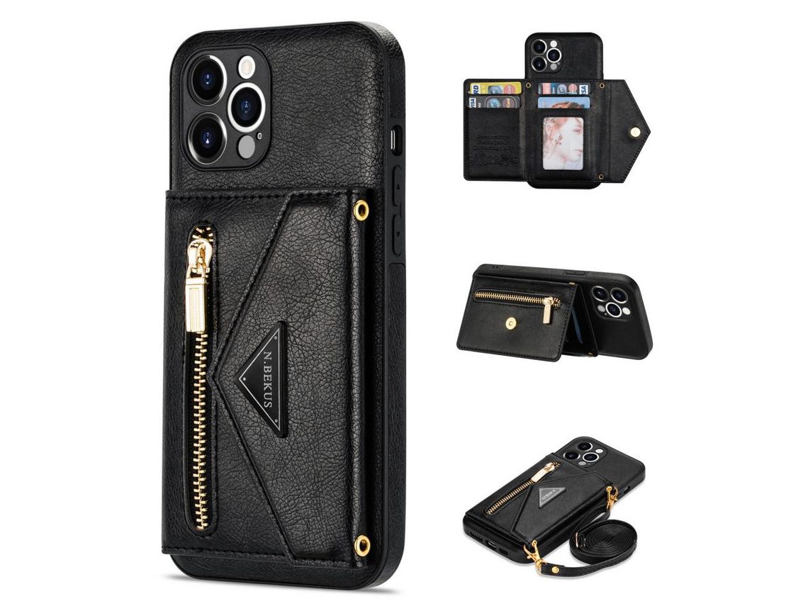 Capa PU N.BEKUS com muleta e tanga preto para iPhone 12 Pro Max 6.7