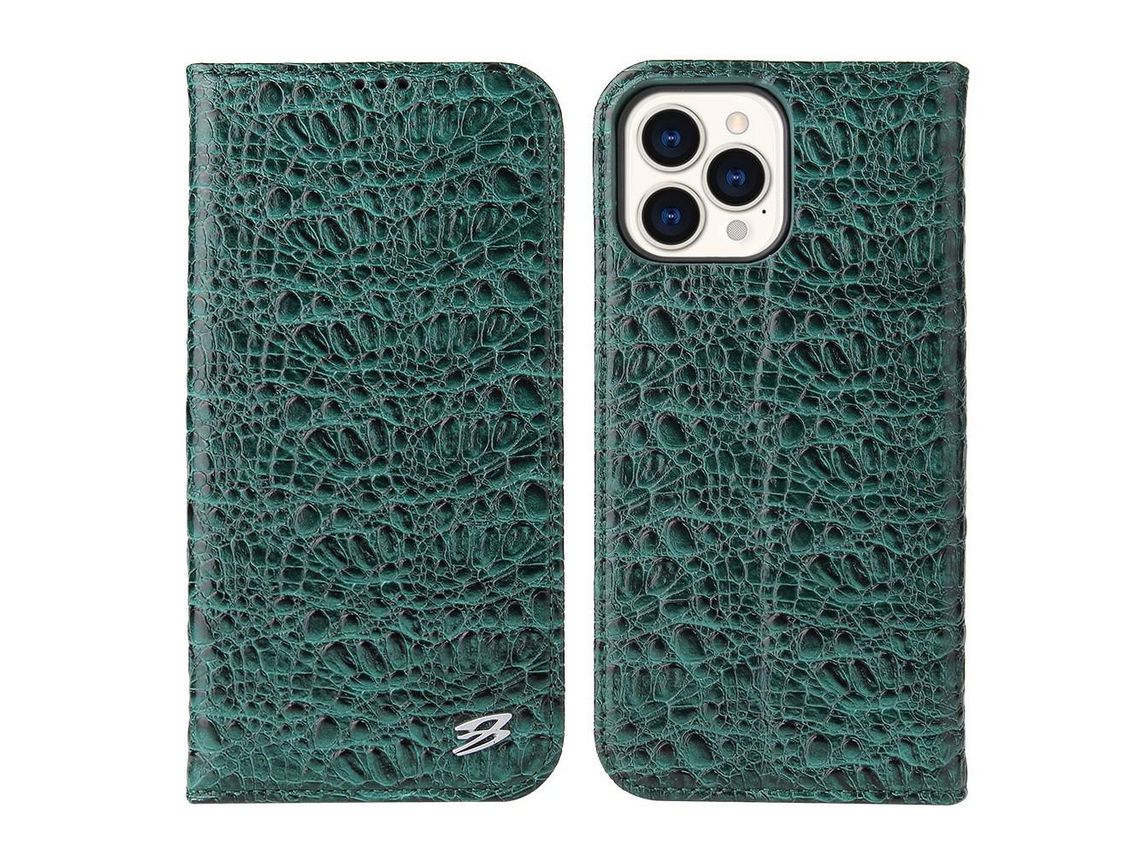 Capa PU + TPU textura de crocodilo com fundo verde para iPhone 13 Pro 6.1