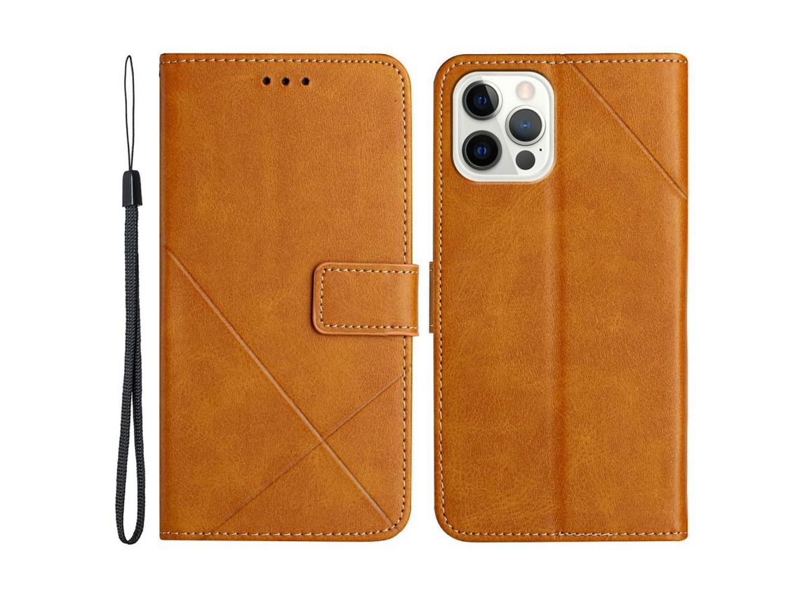 Capa PU + TPU cor sólida com suporte e alça marrom para iPhone 13 Pro 6.1
